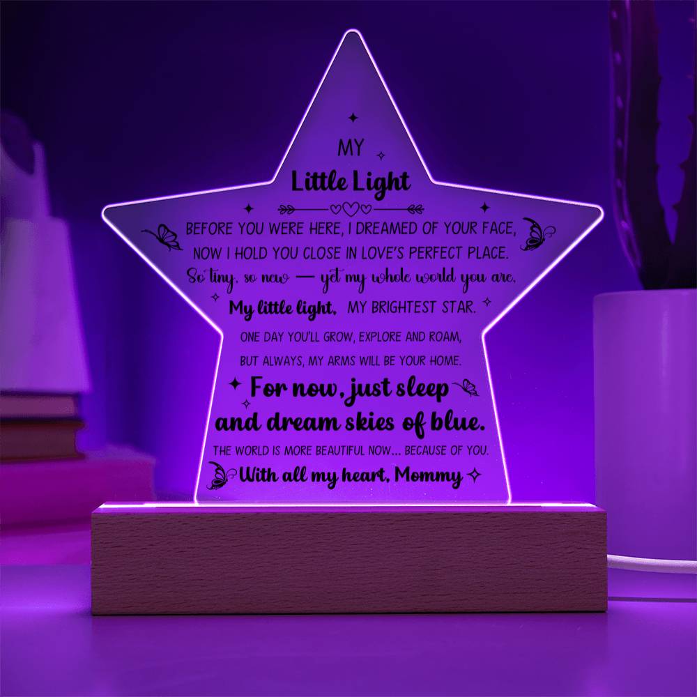 Printed Star Acrylic Keepsake For New Baby Nursery Or Child Bedroom, LED Light Feature, From Mother