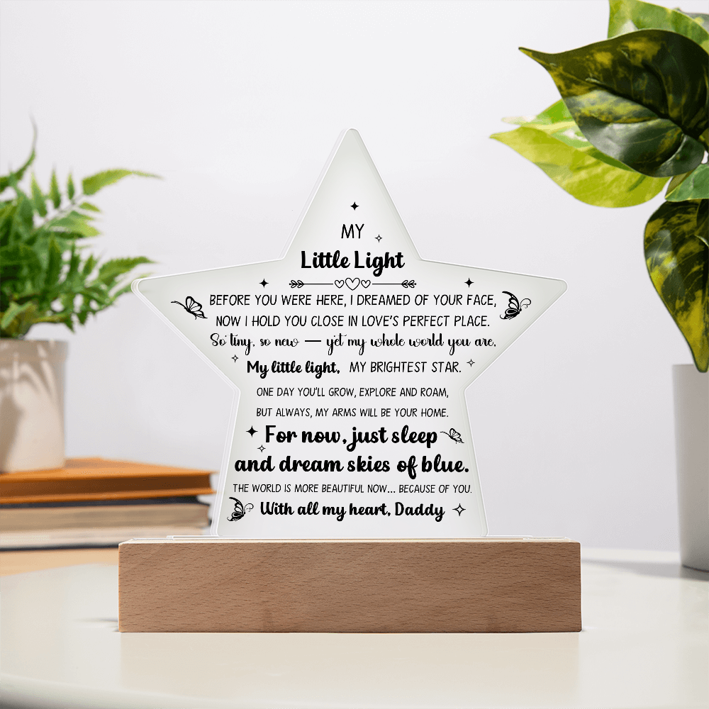 Printed Star Acrylic Keepsake For New Baby Nursery Or Child Bedroom, LED Light Feature