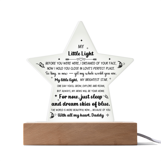 Printed Star Acrylic Keepsake For New Baby Nursery Or Child Bedroom, LED Light Feature