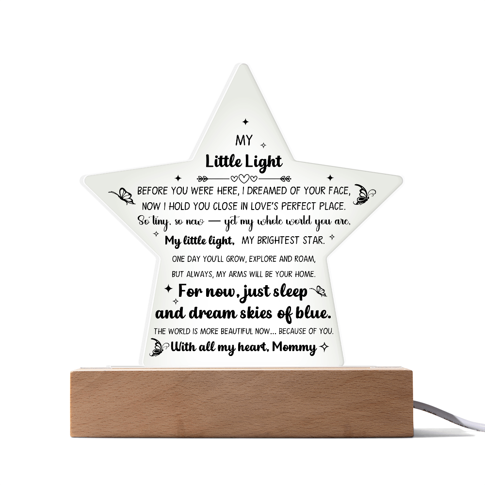 Printed Star Acrylic Keepsake For New Baby Nursery Or Child Bedroom, LED Light Feature, From Mother
