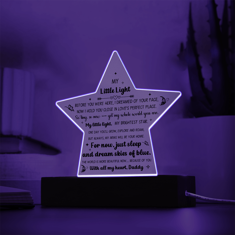 Printed Star Acrylic Keepsake For New Baby Nursery Or Child Bedroom, LED Light Feature