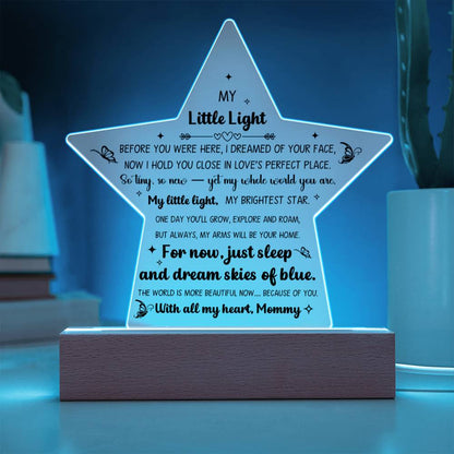 Printed Star Acrylic Keepsake For New Baby Nursery Or Child Bedroom, LED Light Feature, From Mother