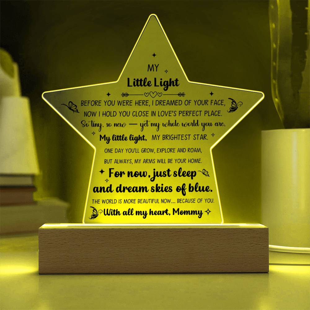 Printed Star Acrylic Keepsake For New Baby Nursery Or Child Bedroom, LED Light Feature, From Mother