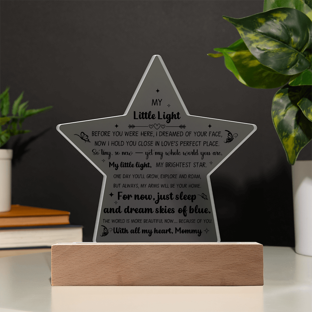 Printed Star Acrylic Keepsake For New Baby Nursery Or Child Bedroom, LED Light Feature, From Mother
