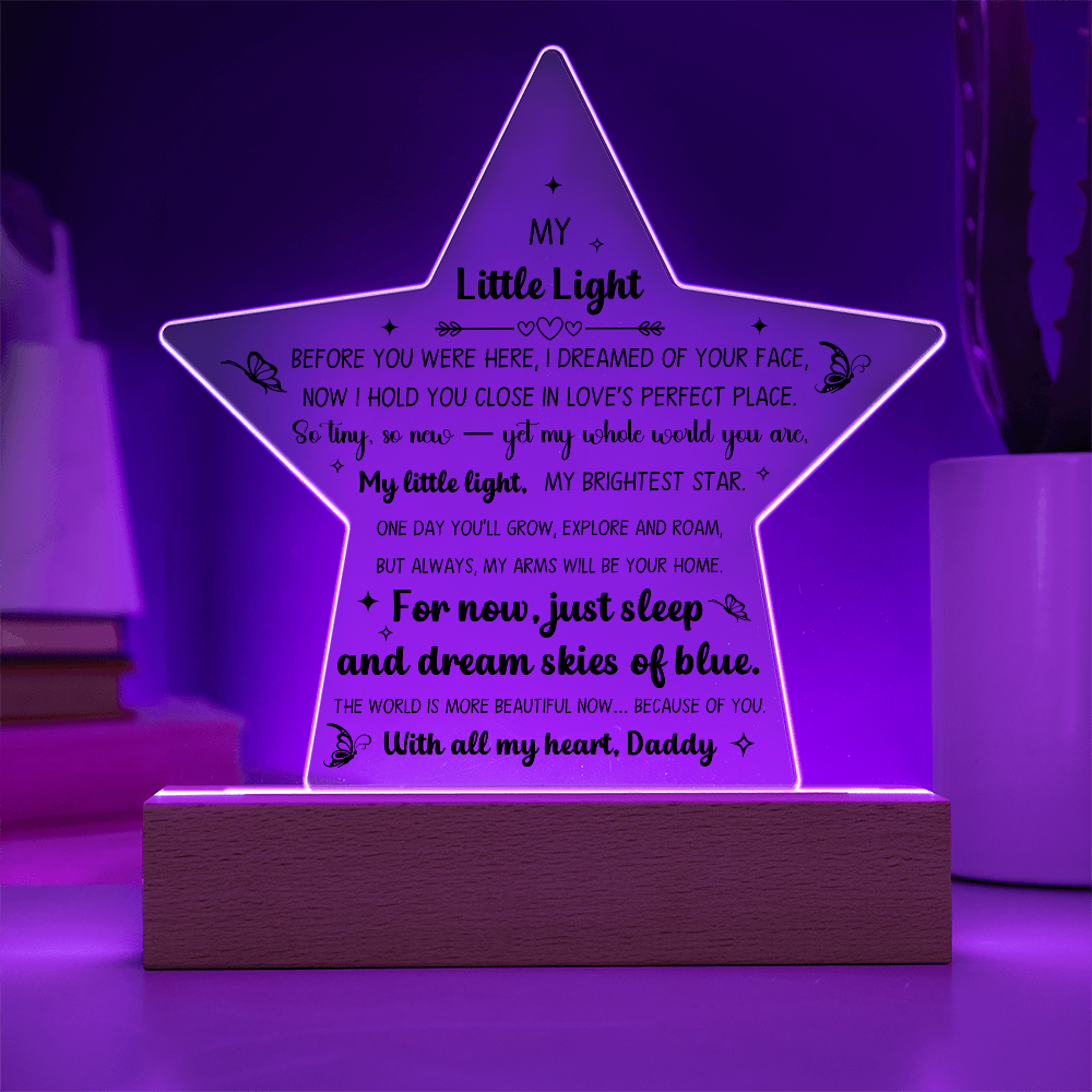 Printed Star Acrylic Keepsake For New Baby Nursery Or Child Bedroom, LED Light Feature