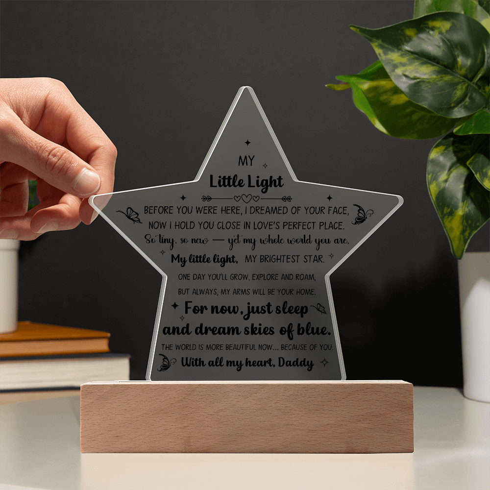 Printed Star Acrylic Keepsake For New Baby Nursery Or Child Bedroom, LED Light Feature